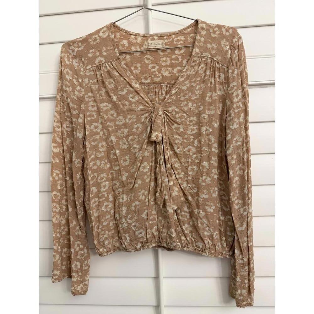 Altar'd State Soft Peach Open Tie Front Pink Flocked Wrap-Around Blouse - Picture 3 of 6